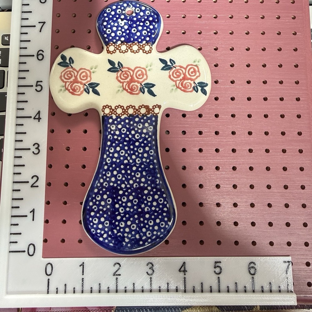 Polish Pottery Ceramic Cross Floral Roses Pattern Handmade Boleslawiec 7" Decor